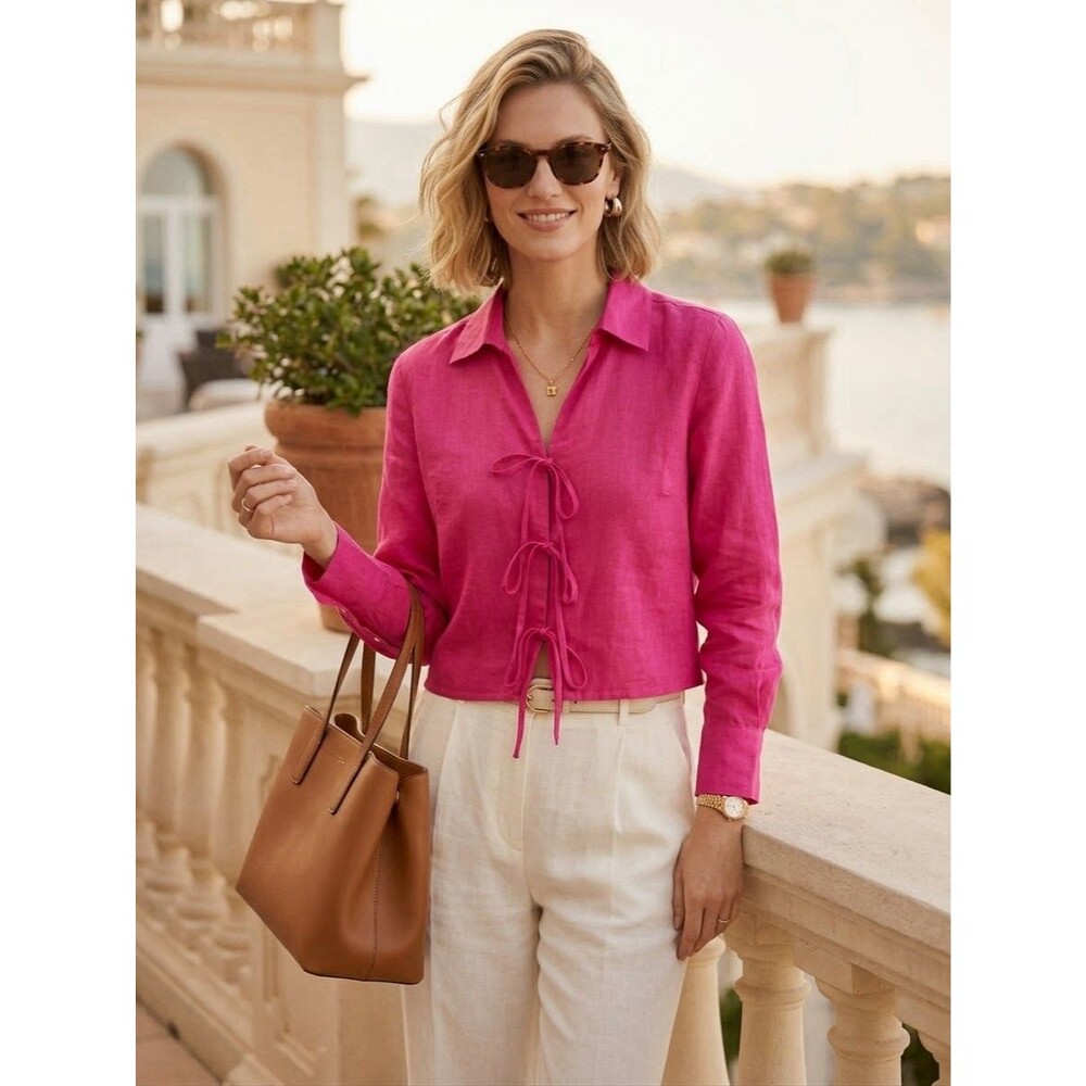 Cynthia Rowley Women L Hot Pink 100% Linen Cropped Tie Front Blouse Top